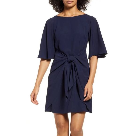 Vince Camuto Washer Dress Short Flutter Sleeve Jewel Neck Tie Waist Mini Navy 4 - Picture 2 of 9
